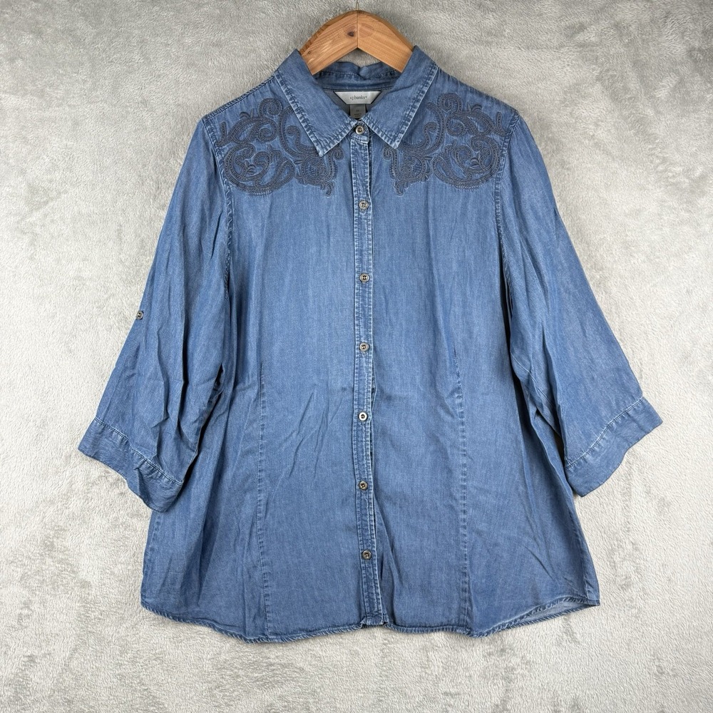 CJ‎ Banks Chambray Button Down Shirt Womens 2X Embroidered Shoulder Boho Artsy